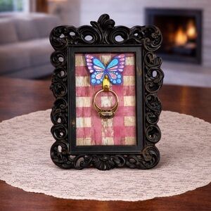 New! Black Decorative Frame With Butterfly Ring Holder Display